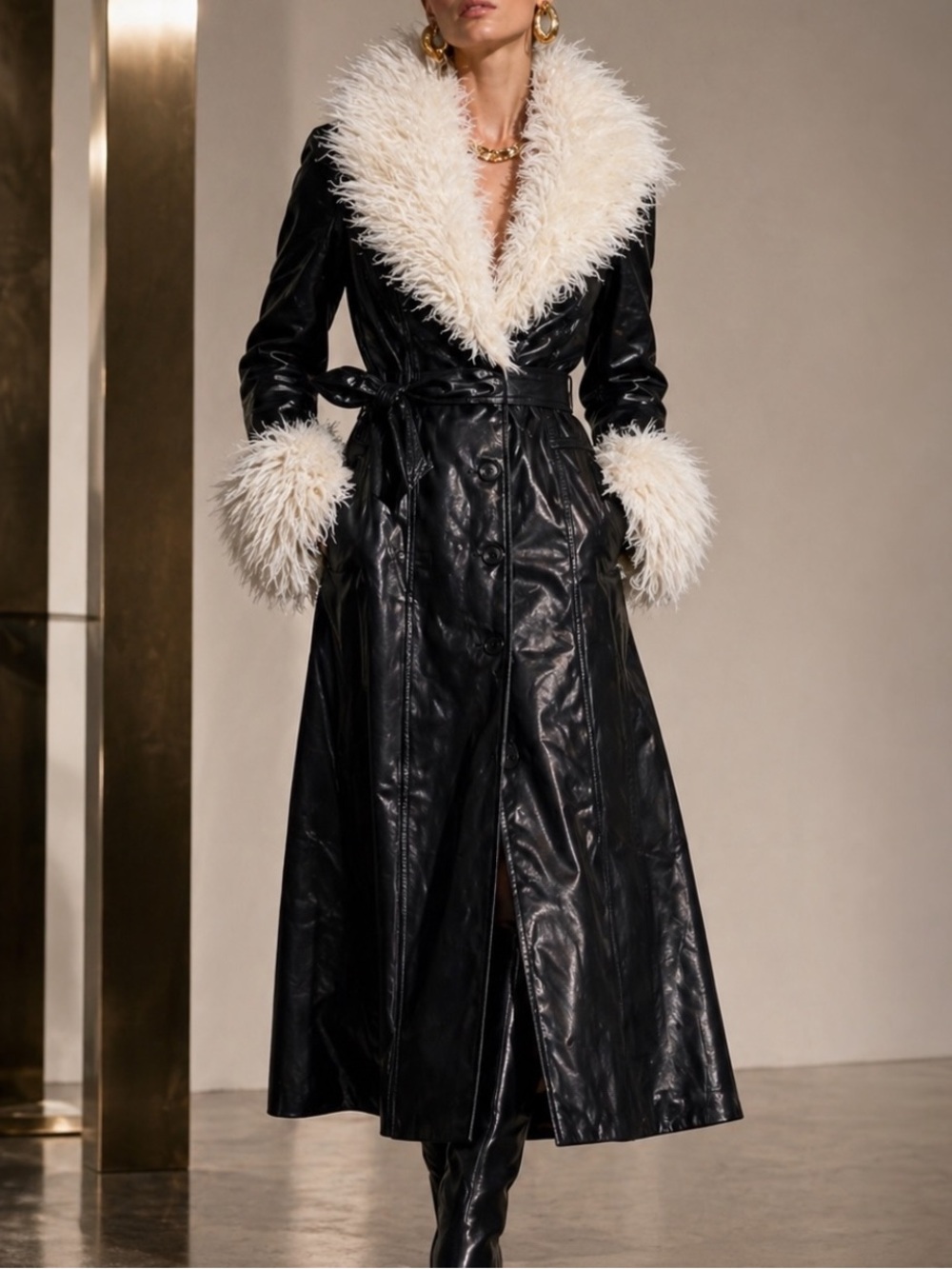 NIA Faux Leather Fur Trench Coat Womens M Black Belted Retro Disco NWT